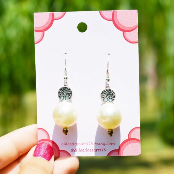 Handmade Pearl Tree of Life Dangle Earrings - Picture 2 of 5